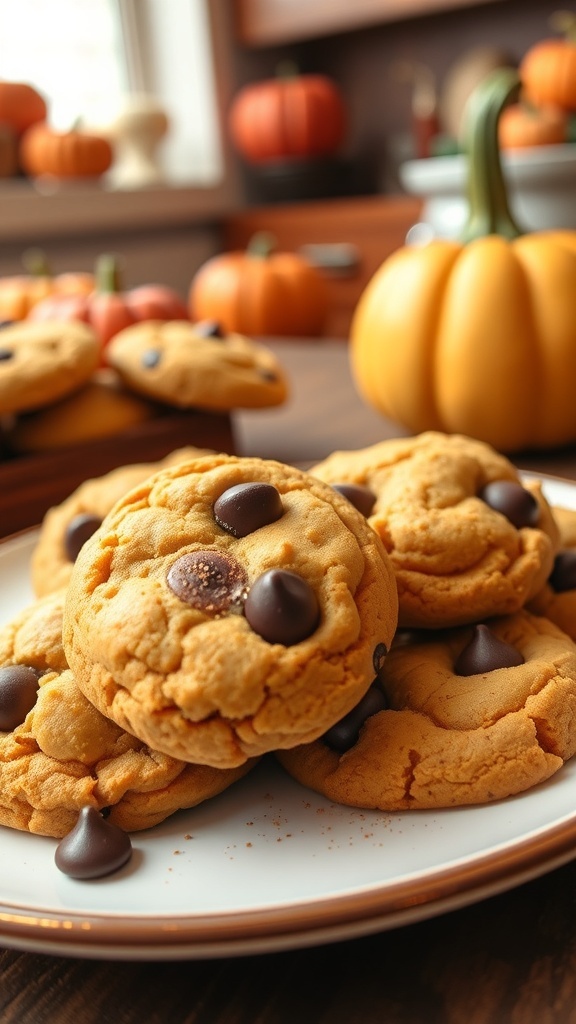 A plate of pumpkin zucchini cookies with chocolate chips, set in a cozy kitchen.